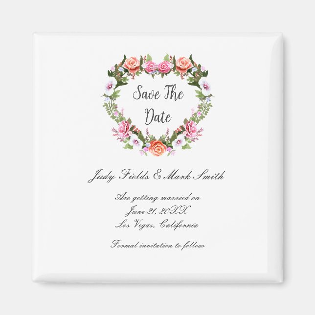 Monogram Romantische Rose Blumenherz Save the Date Magnet (Vorne)