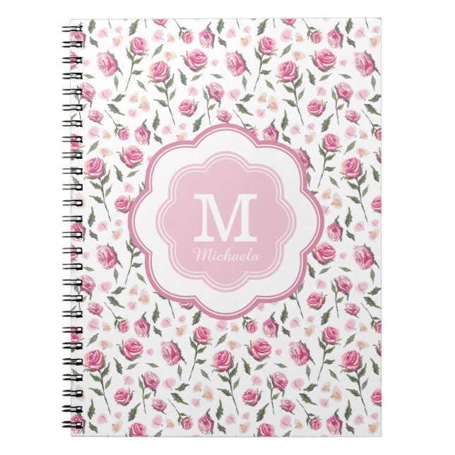 Monogram Romantisches rosa Roses Hübsches Muster Notizblock (Vorderseite)