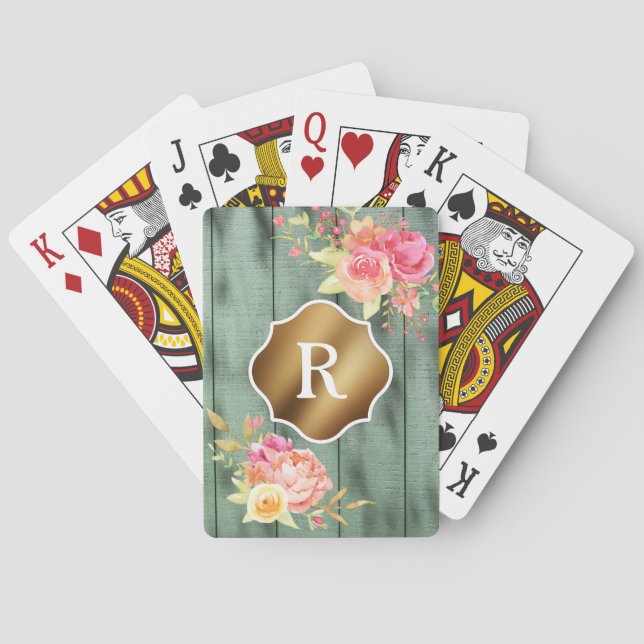 Monogram, rosa Blume Rustikales Grünes Holz Spielkarten (Rückseite)