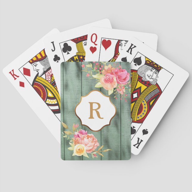 Monogram, rosa Blume Rustikales Grünes Holz Spielkarten (Rückseite)