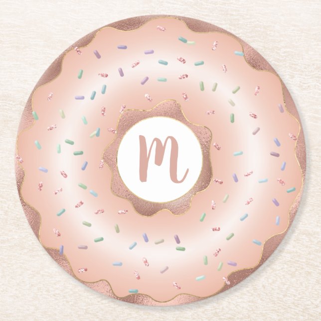 Monogram Rosa Goldfolie Doudnut Glam Runder Pappuntersetzer (Vorderseite)