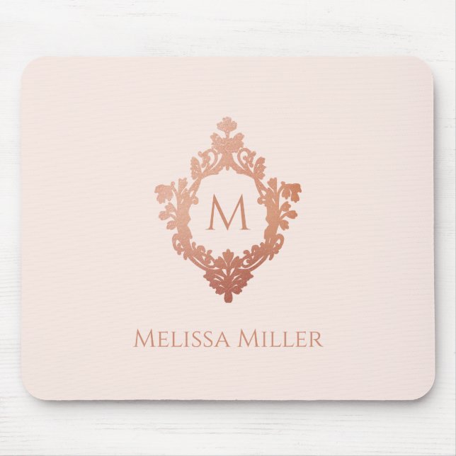 Monogram Rosa Rose Gold Wappen Name Elegant Mousepad (Vorne)