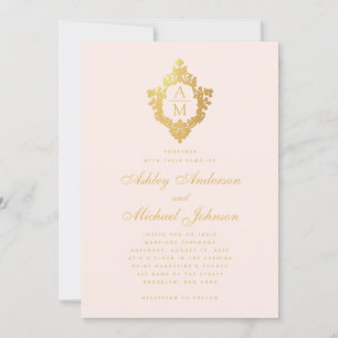 Monogram Rosé Falsches Gold Blumenwappen Rosa Hoch Einladung