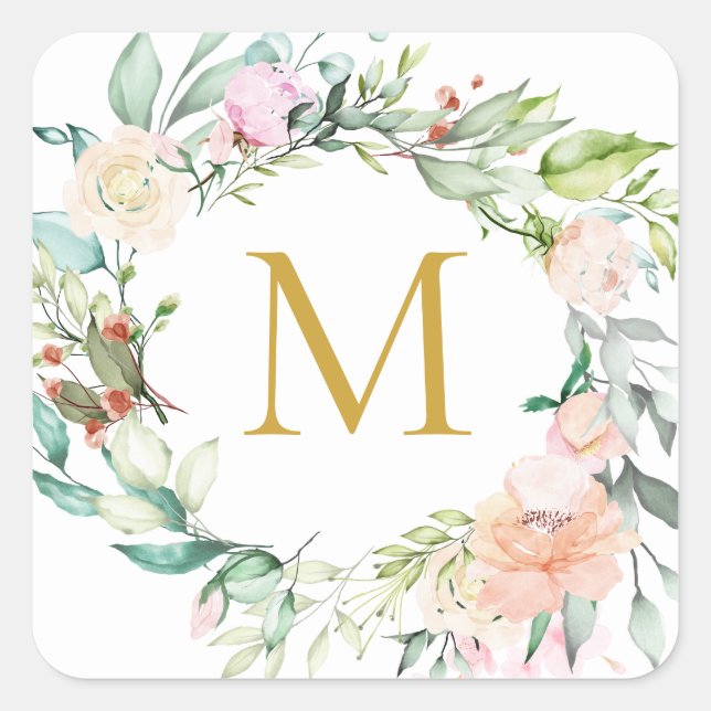 Monogram Rose Garland Floral Quadratischer Aufkleber (Vorderseite)