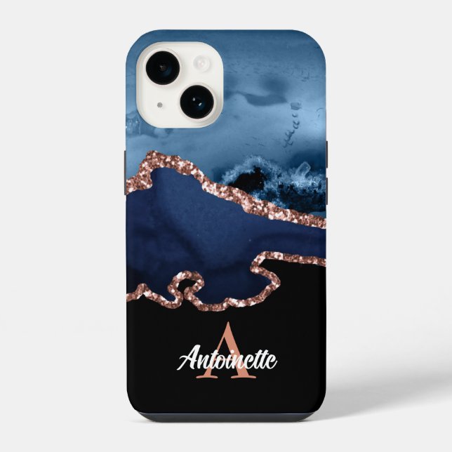 Monogram Rose Gold Agate iPhone 14 Hülle (Rückseite)