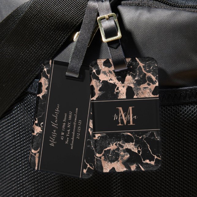 Monogram Rose Gold Black Marble Gepäckanhänger (Monogram Rose Gold Black Marble Luggage Tag)