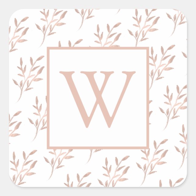 Monogram Rose Gold-Blätter Quadratischer Aufkleber (Vorderseite)