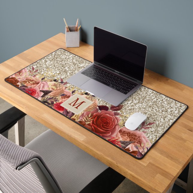 Monogram Rose Gold Blume Light Gold Glitzer Schreibtischunterlage (Büro 2)