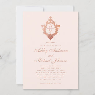 Monogram Rose Gold Floral Wappen Blush Pink Hochze Einladung