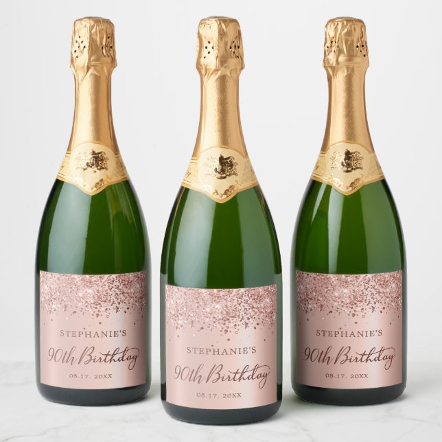 Monogram Rose Gold Foil Glitzer 90. Geburtstag (Flaschen)