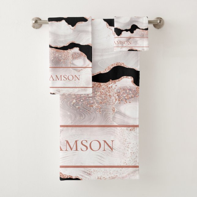 Monogram Rose Gold Glitzer Agate Schwarz-weiß Swir Badhandtuch Set (Insitu)