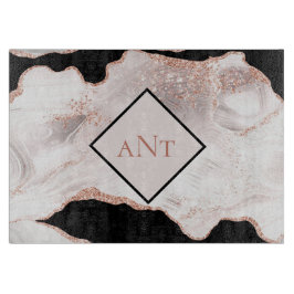 Monogram Rose Gold Glitzer Agate Schwarz-weiß Swir Schneidebrett