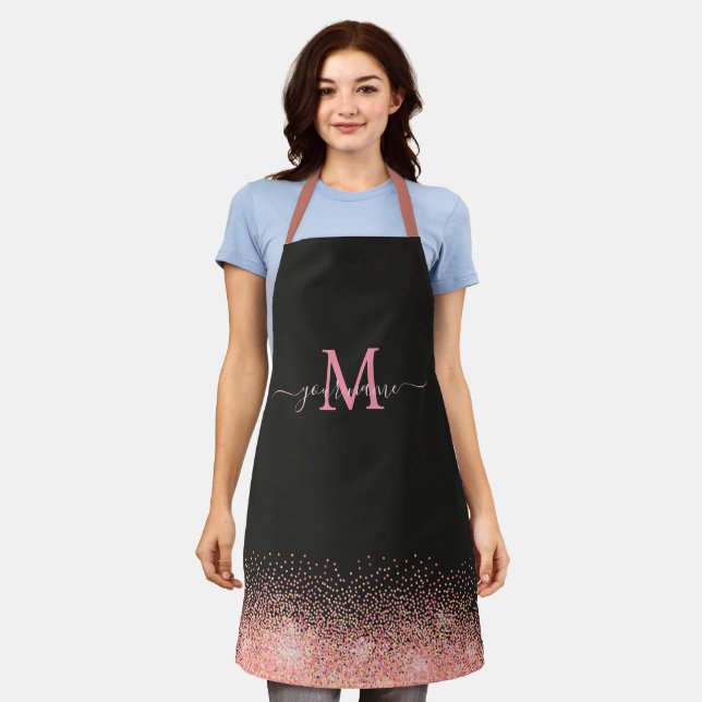 Monogram Rose Gold Glitzer Glitzern und Schwarzer  Schürze (Getragen)