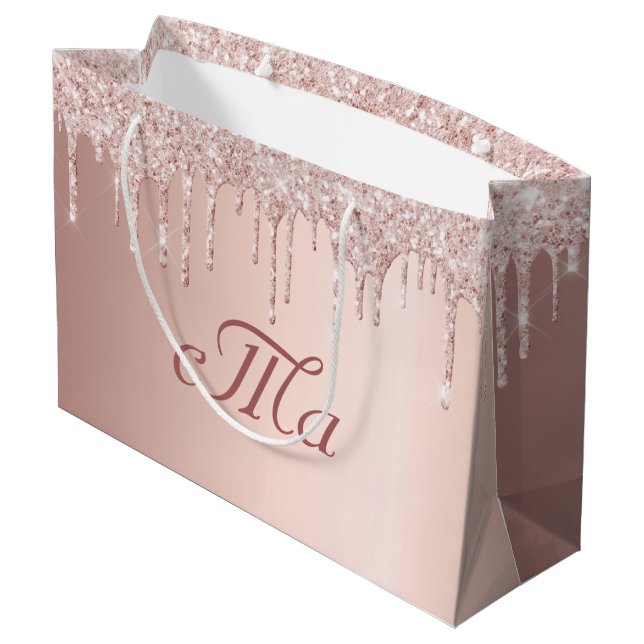 Monogram Rose Gold Glitzer Pink Luxus Hochzeit Große Geschenktüte (Rückseite Schrägansicht)