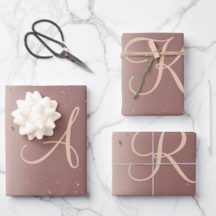 Monogram Rose Gold Glitzer Script Trendy Geschenkpapier Set