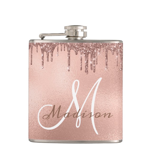 Monogram Rose Gold Glitzer Tropfen Girly Flachmann (Vorderseite)