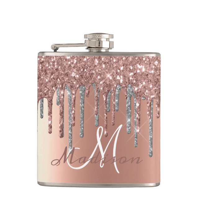 Monogram Rose Gold Glitzer Tropfen Girly Sparkle F Flachmann (Vorderseite)