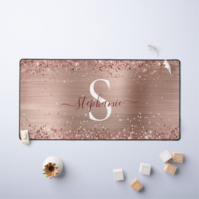 Monogram Rose Gold Imitats-Glitzer Girly Glam Schreibtischunterlage (Kindertisch)