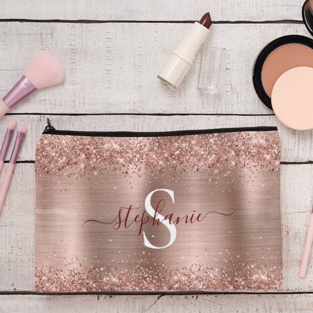 Monogram Rose Gold Imitats-Glitzer Girly Glam Zubehörtasche (Monogram Rose Gold Glitter Girly Glam Accessory Pouch)