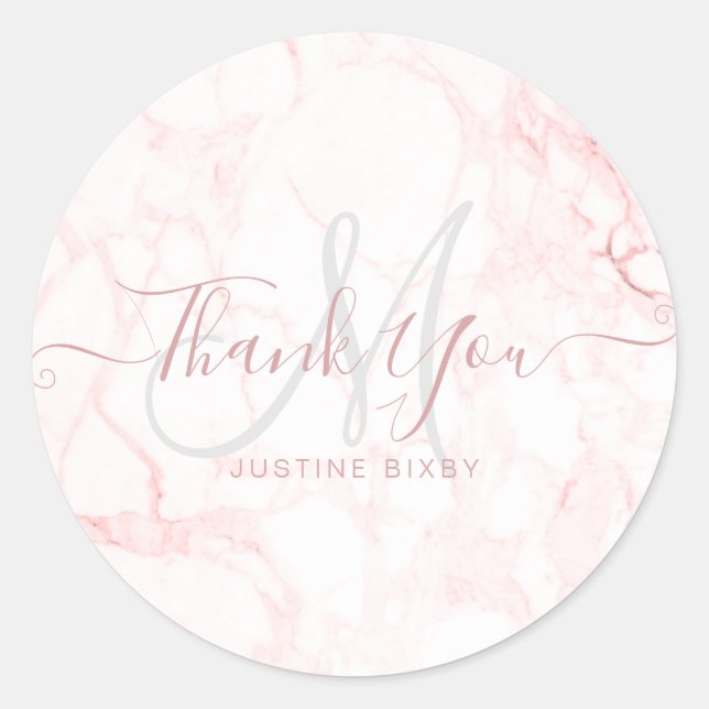 Monogram Rose Gold Marble Chic Script Vielen Dank Runder Aufkleber (Vorderseite)