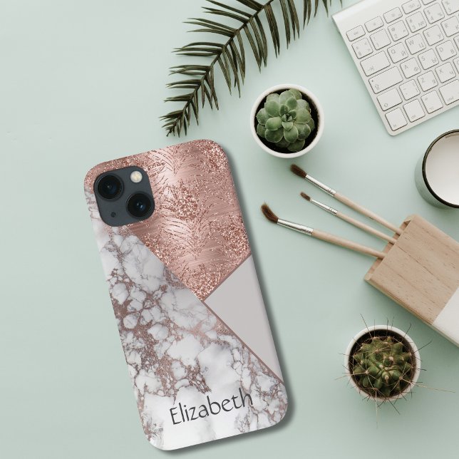 Monogram Rose Gold Marmor Weiß Gray Geometric Case-Mate iPhone Hülle (Monogrammed Personalized Rose Gold Glitter Marble Geometric Abstract iPhone case )
