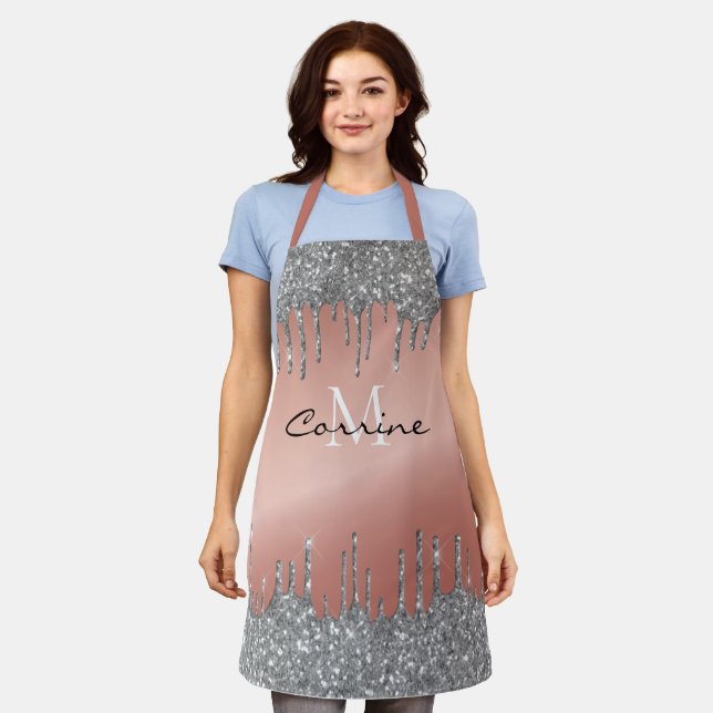 Monogram Rose Gold Metallic + Pewter Glitzer Tropf Schürze (Getragen)
