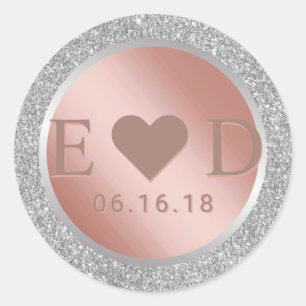 Monogram Rose Gold Moderne Silver Glitzer Hochzeit Runder Aufkleber