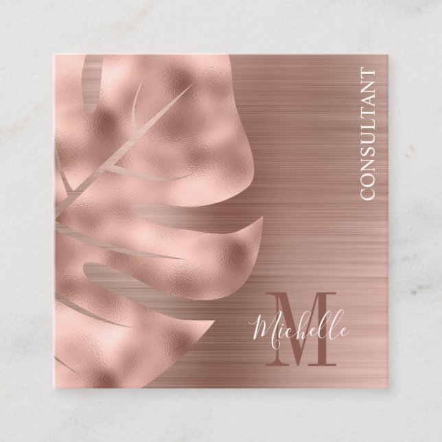 Monogram Rose Gold Palm Leaf Brushed Metal Quadratische Visitenkarte (Vorderseite)