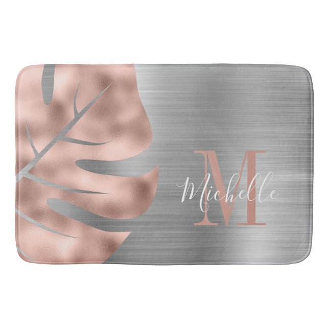Monogram Rose Gold Palm Silber Leaf Brushed Metal Badematte (Vorderseite)