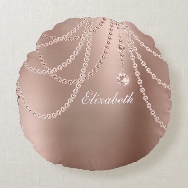 Monogram Rose Gold Pearls Diamonds Bling Glam Rundes Kissen (Vorderseite)
