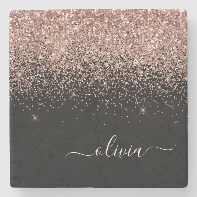 Monogram Rose Gold Pink Black Glitzer Script Steinuntersetzer (Vorderseite)