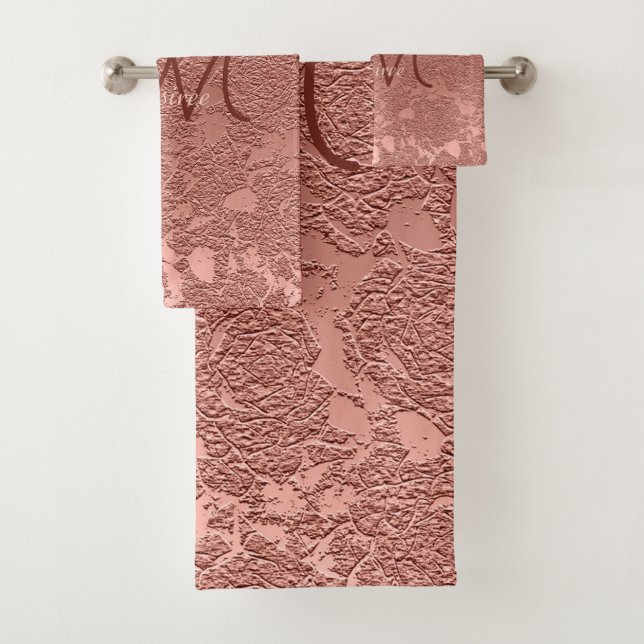 Monogram Rose Gold Pink Floral Moderne Klasse Badhandtuch Set (Insitu)