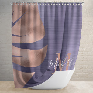 Monogram Rose Gold Purple Brushed Metal Palm Leaf Duschvorhang