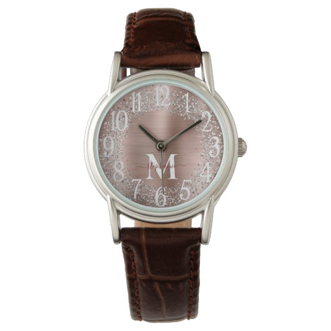 Monogram Rose Gold Silver Glitter Glam Armbanduhr (Vorderseite)