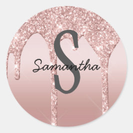 Monogram Rose Gold Tropfen Glitzer Rosa Trendy Runder Aufkleber