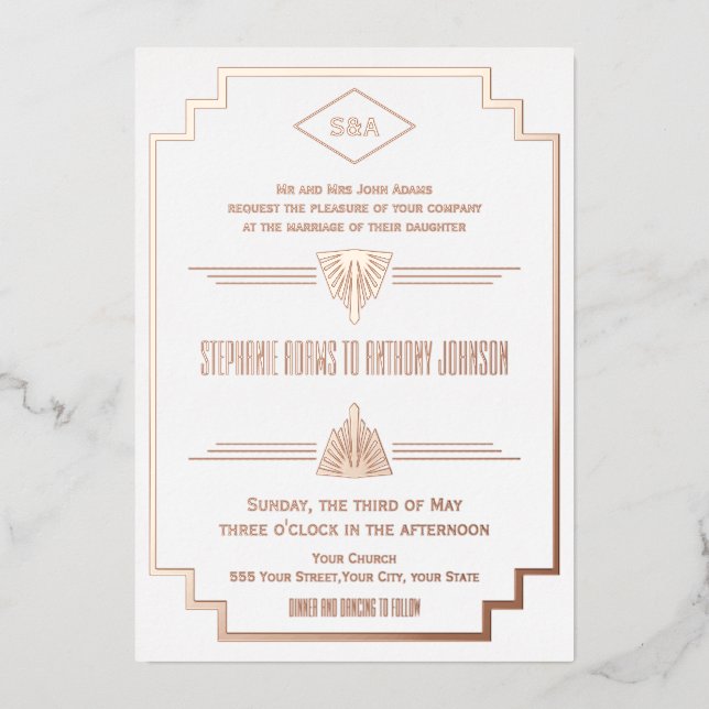 Monogram Rose Gold und White Art Deco Hochzeit Folieneinladung (Vorderseite)