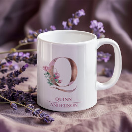 Monogram Rose Gold Watercolor Blume Letter Q Kaffeetasse