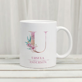 Monogram Rose Gold Watercolor Blume Letter U Kaffeetasse