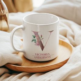 Monogram Rose Gold Watercolor Blume Letter V Kaffeetasse