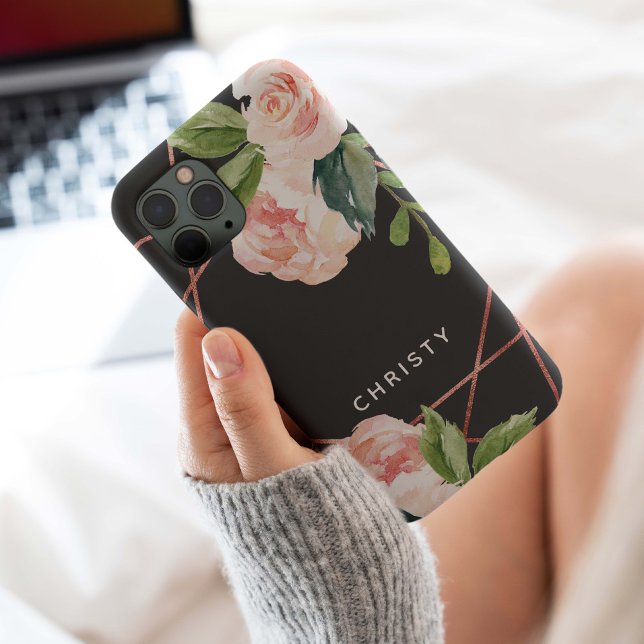 Monogram Rose Gold Watercolor Dunkelgrau Case-Mate iPhone Hülle (Monogram modern elegant blush pink watercolor botanical floral with rose gold foil geometric frame.)