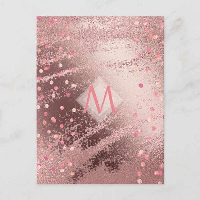 Monogram ROSEGOLD Metallic Foil Confetti Look Postkarte (Vorderseite)