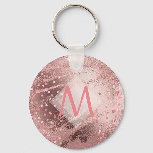 Monogram ROSEGOLD Metallic Foil Confetti Look Schlüsselanhänger (Vorderseite)