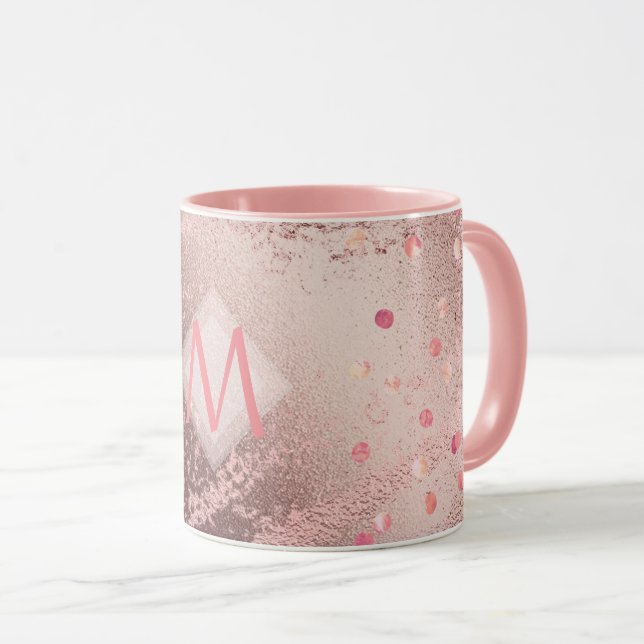 Monogram ROSEGOLD Metallic Foil Confetti Look Tasse (VorderseiteRechts)
