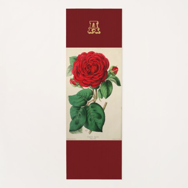 Monogram Rote Rose Blume Vintage Kunst Yogamatte (Vorderseite)