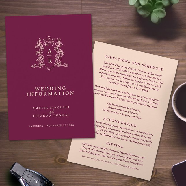 Monogram Rotpeach Hochzeitgästen Informationen Begleitkarte (Von Creator hochgeladen)