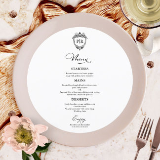 Monogram Round Wedding Menu Cards Schwarz-Weiß Menükarte