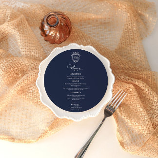 Monogram Round Wedelmenu Cards Navy Blue Menükarte