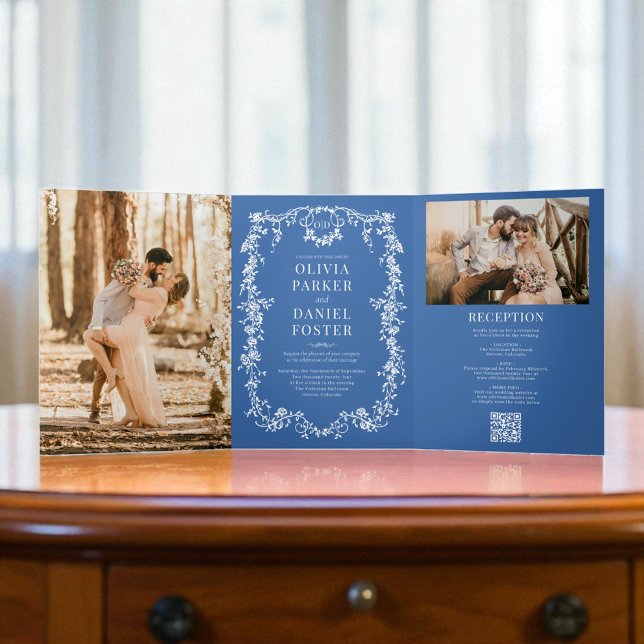 Monogram Royal Blue French Viktorianisch Foto Wedd Dreifach Gefaltete Einladung (Von Creator hochgeladen)