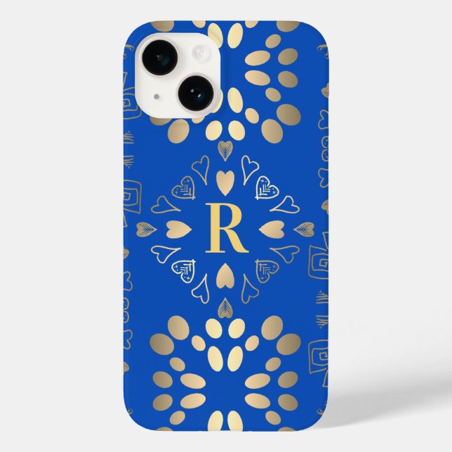 Monogram Royal Blue Gold Muster Case-Mate iPhone 14 Hülle (Rückseite)