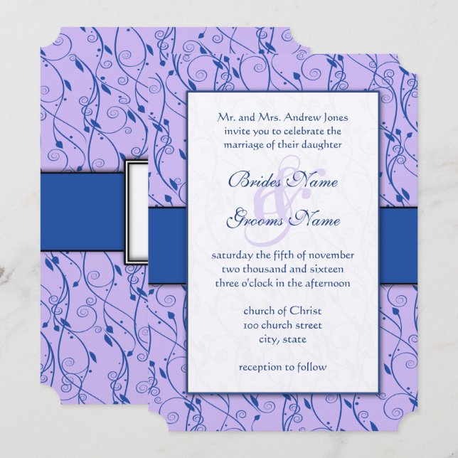 Monogram Royal Blue Lilac Swirl Wedding Einladung (Vorne/Hinten)